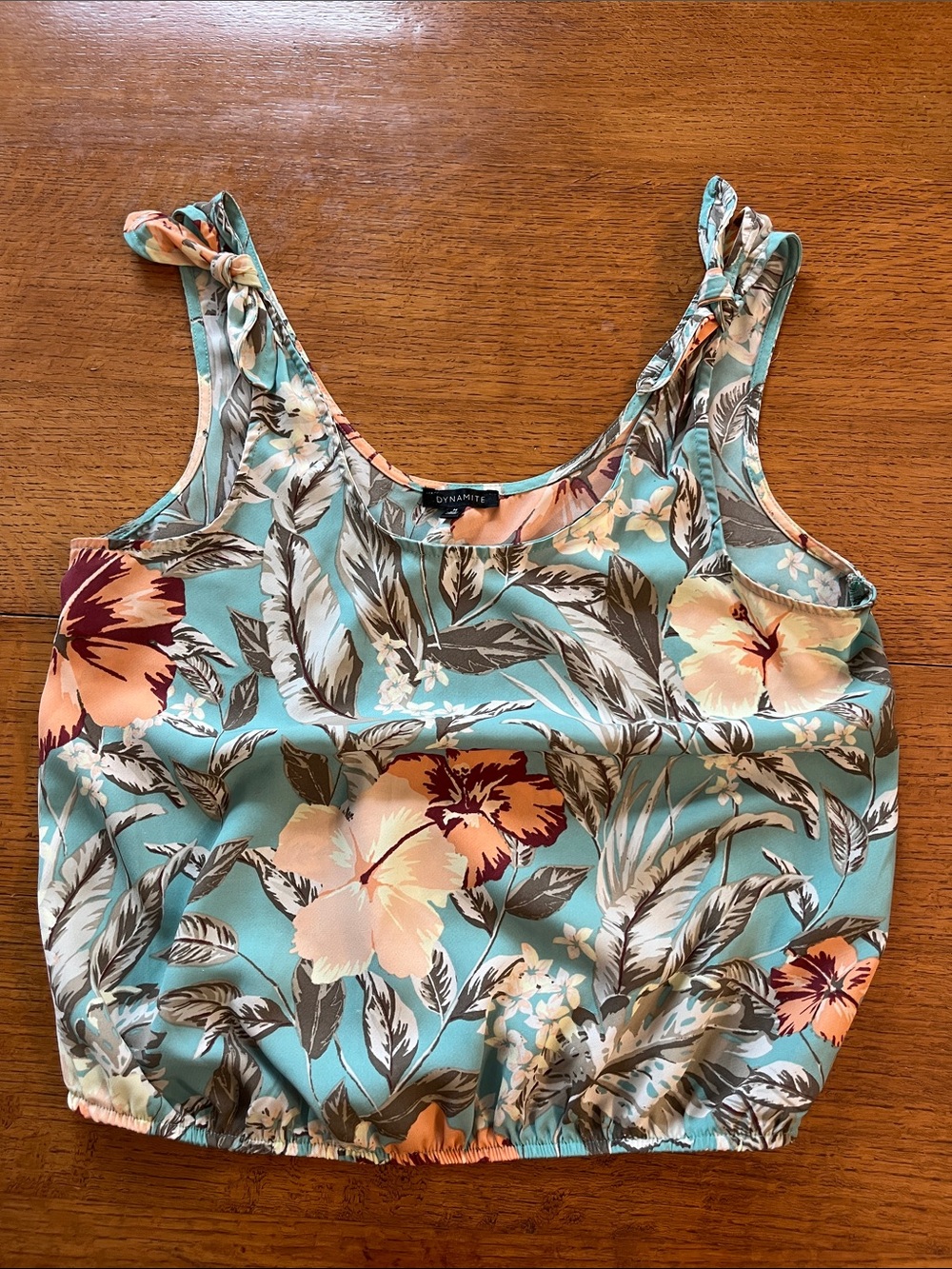 Dynamite Turquoise Tropical Tie-Shoulder Crop Top